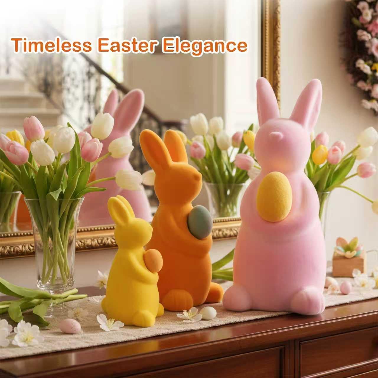 Flocked Bunny Easter Decorations with Eggs