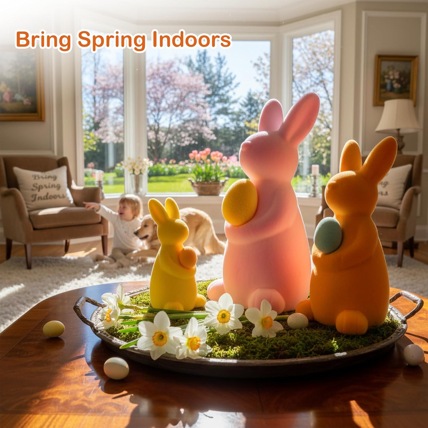 Flocked Bunny Easter Decorations with Eggs